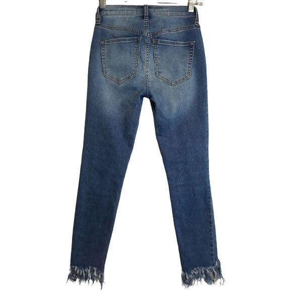 Free People Women's Distressed Skinny Stretch Denim Raw Hem Ankle Blue Jeans 24 - Picture 2 of 11